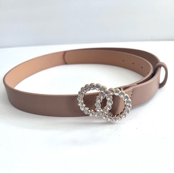 NEW Double Circle Gold Toned Bling Light Tan Colored Belt OS - Picture 4 of 7